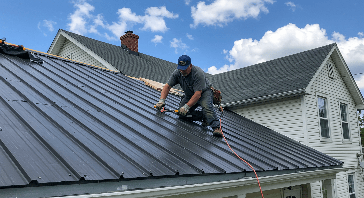 A roofer installing a metal roof in Scanton, PA..